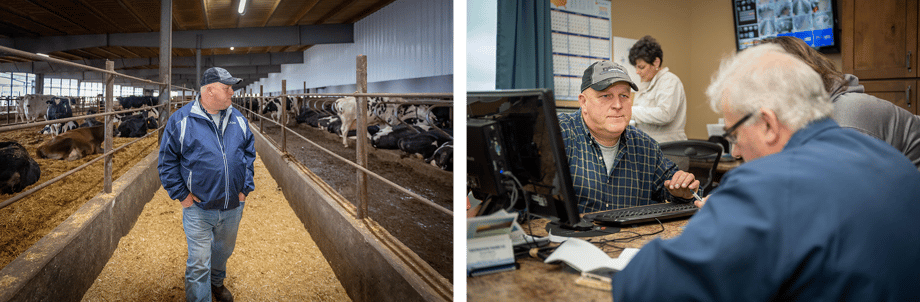 Chad Holder gets two photos of Rodney Elliot (L) in the barn with his cows and (R) in his office