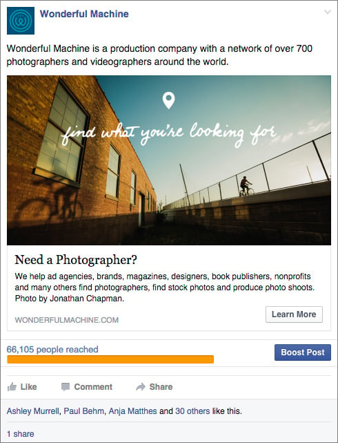 Screenshot of a Wonderful Machine Facebook ad featuring a photo by Minneapolis-based portraiture and outdoors photographer Jonathan Chapman.