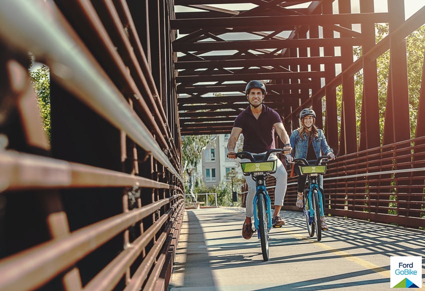 jayms ramirez' photo shows two ford gobikes users riding across a bridge in silicon valley