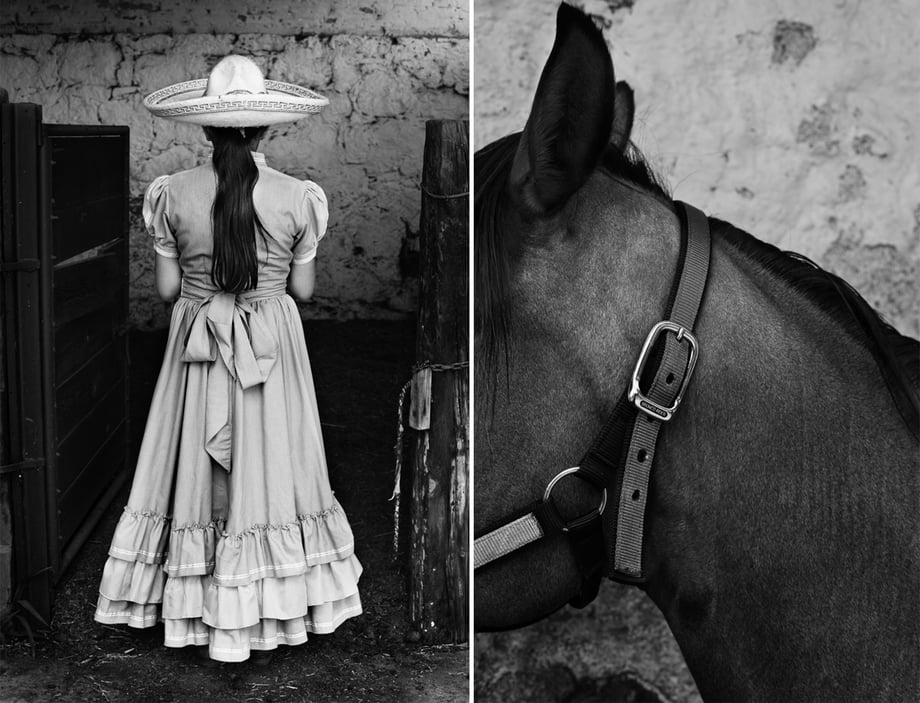 On the left, a rear shot of a Charra in a dress and hat, standing in a stable. The right shows a horse's profile
