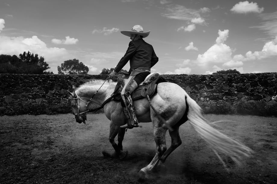 Nicole Franco captures a Charro on his horse near a stone wall on a sunny day