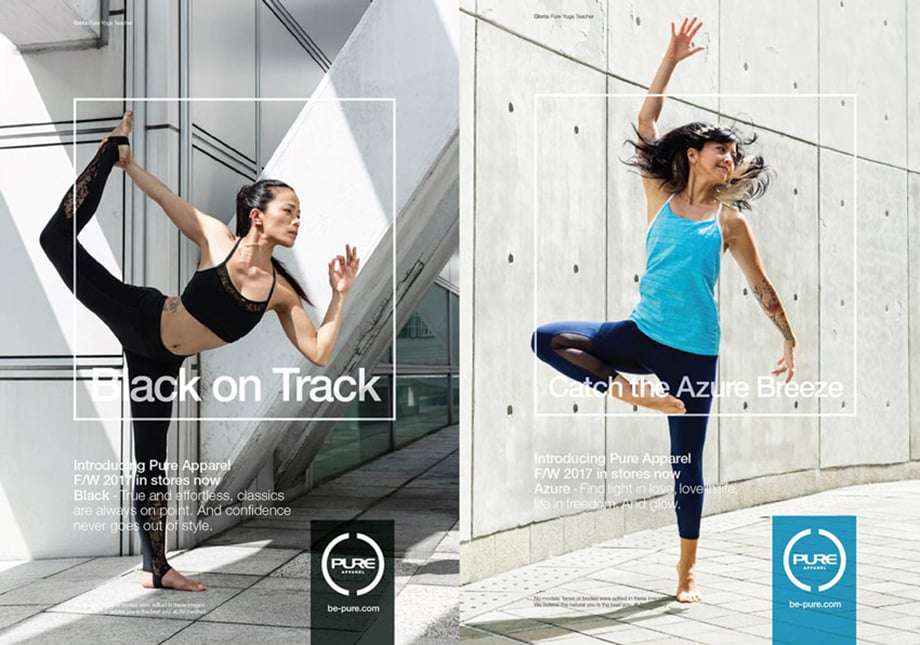 Two tearsheets for Pure Apparel, showing women doing yoga, shot by Gareth Brown