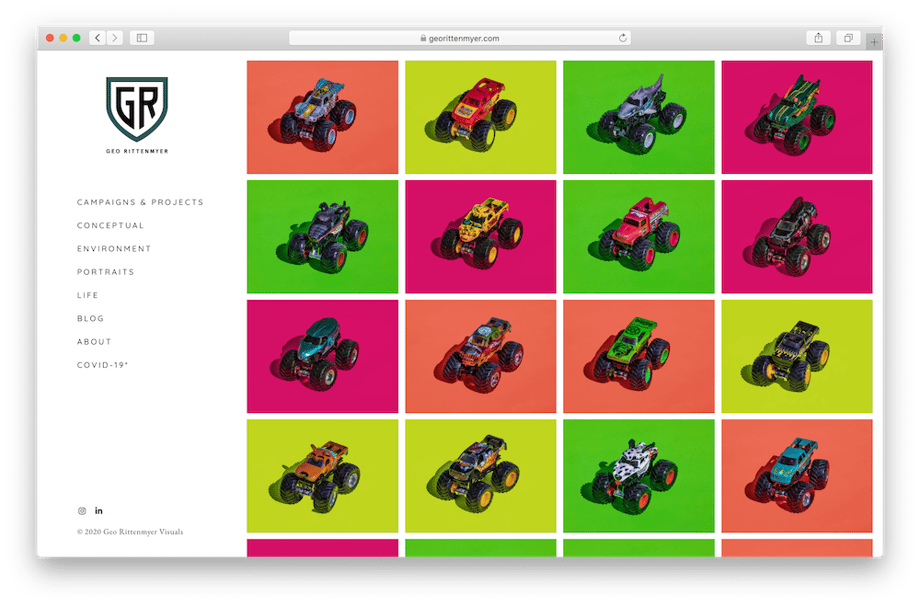 Photos by Geo Rittenmyer of his son Ryatt's collection of model monster trucks against neon backgrounds as featured on Geo's website.