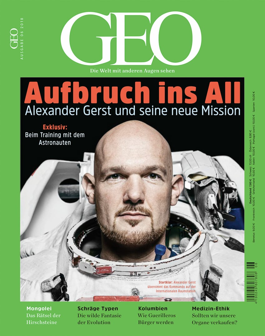 tear sheet from GEO magazine of astronaut Alexander Gerst by photographer Mattia Balsamini