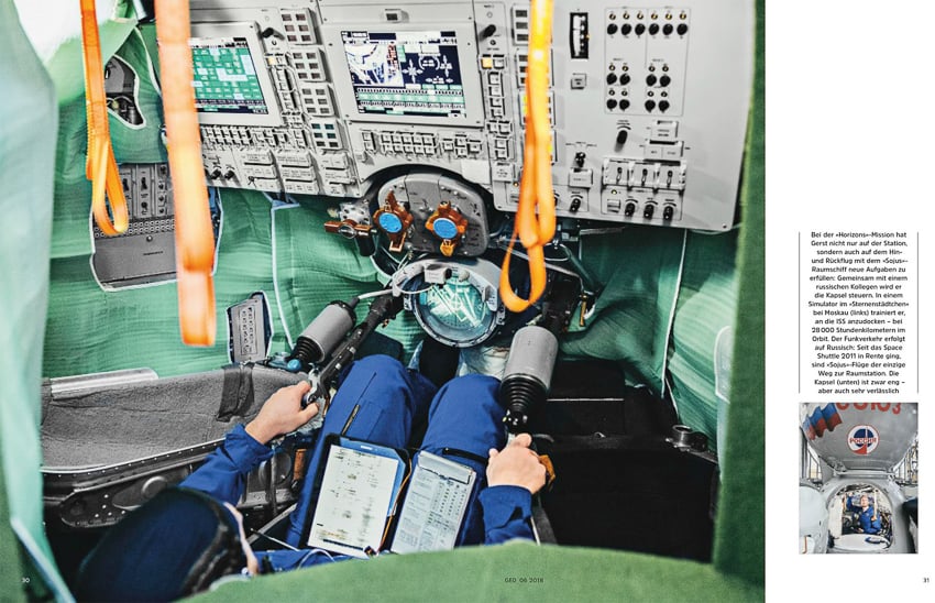 tear sheet from GEO magazine of astronaut Alexander Gerst by photographer Mattia Balsamini