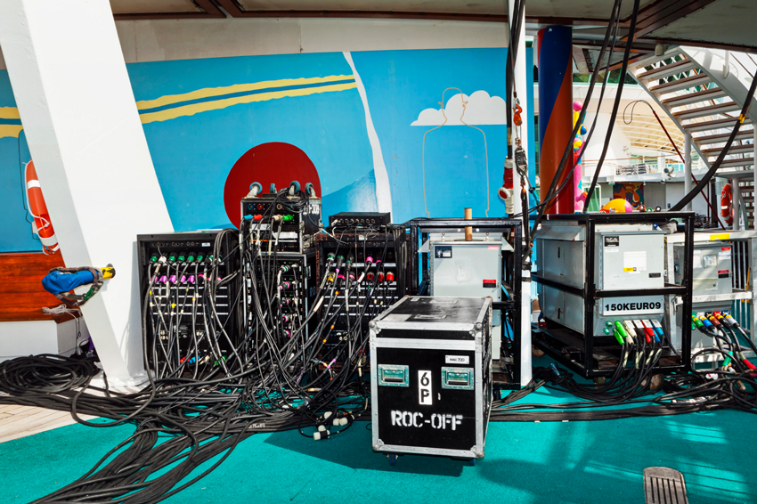 Gear set up backstage for the heavy metal acts, Giacomo Fortunato