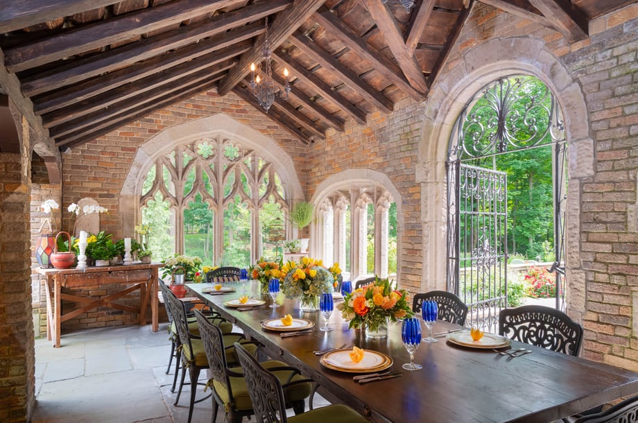 Paul Batholomew photographs the exquisite outdoor dining area at Glynallyn Castle for New Jersey Monthly.