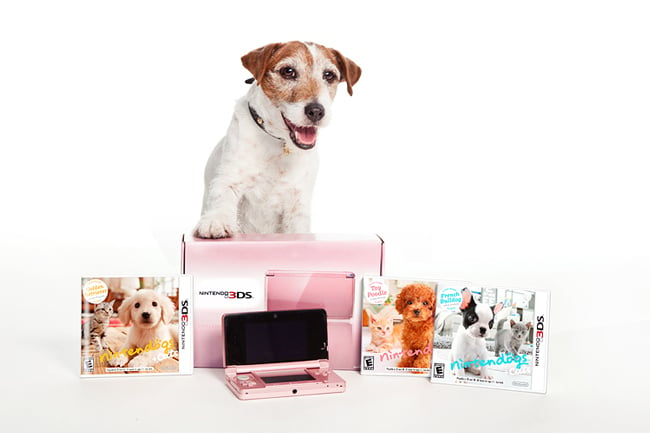 Uggie with Nintendo DS product spread shot by Los Angeles-based animal photographer Grace Chon