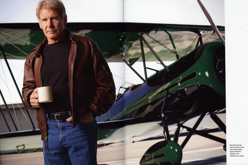Harrison Ford drinking a coffee in front of an airplane shot by Robert Gallagher.