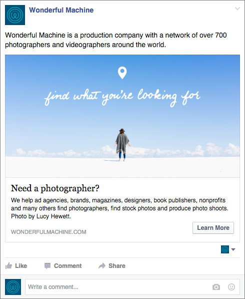 A Wonderful Machine Facebook ad featuring an image of a woman on a plan horizon by Chicago-based lifestyle and travel photographer Lucy Hewett.