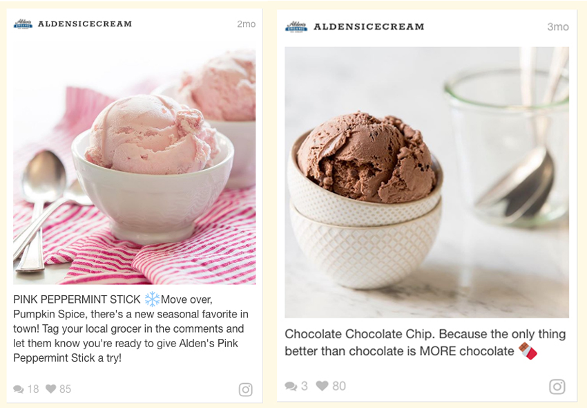 Two side-by-side electronic tear sheets each showing ice cream cups Alden Ice Cream by John Valls.