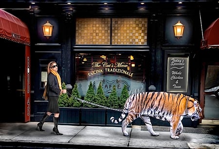 Photo of a stylish woman walking a tiger on a leash down the sidewalk of a cosmopolitan street.