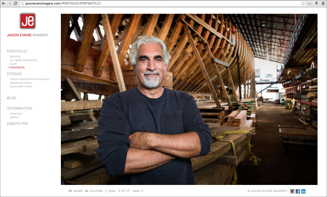 Jason Evans's site after, showing a portrait of a shipbuilder.