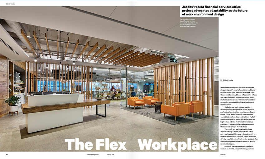 Photograph by Jeffrey Totaro of the reception and lounge area in Jacobs published in Contract Magazin