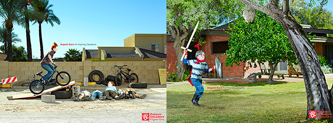 Photography by Jesse Rieser featuring a young man bike jumping over friends and a young boy sword fighting with a beehive