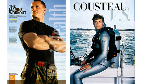 A strong Marine and a dashing diver on the edge of a boat pose for John Loomis for Men's Health.