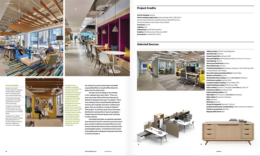 Photograph of office setup at Jacobs published in Contract Magazine