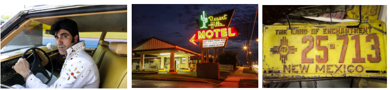Three photographs; an Elvis impersonator in a car, a neon motel sign, and a close-up of a Mexican license plate