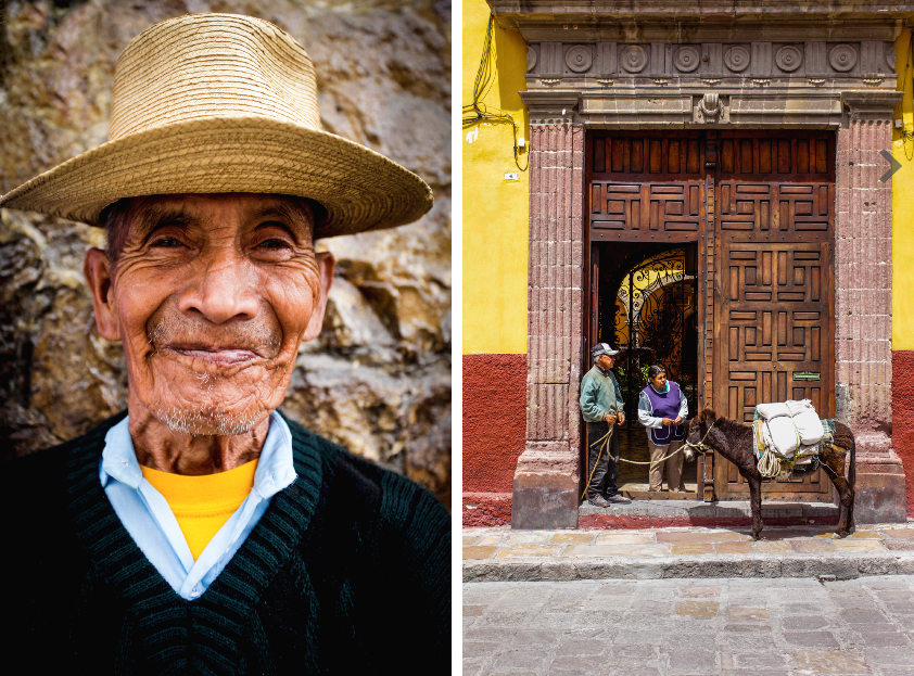 Two photographs; an old man in a hat and two people in a door way with a donkey