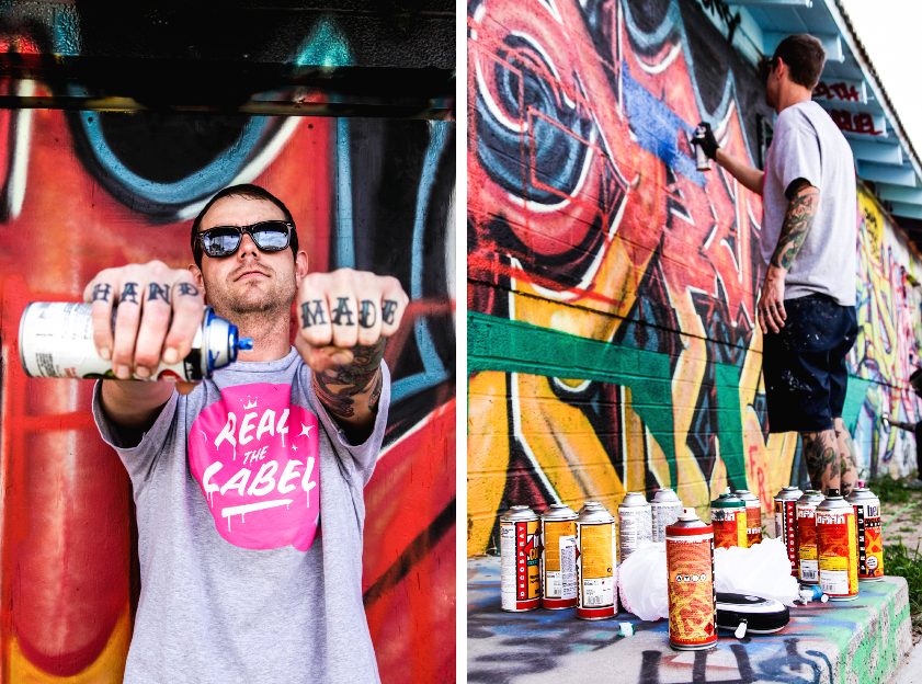 On the left, a man poses to show the words "Hand Made" written across his knuckles. On the right, the man is spray painting on a wall