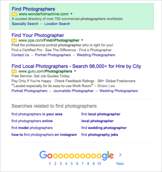 Screenshot of Wonderful Machine's Google AdWords search result in July 2016.