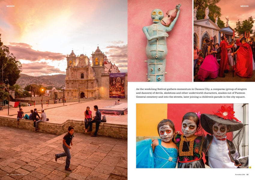 Tearsheet of colorful images depicting locals celebrating Dia de los Muertos in Oaxaca, Mexico