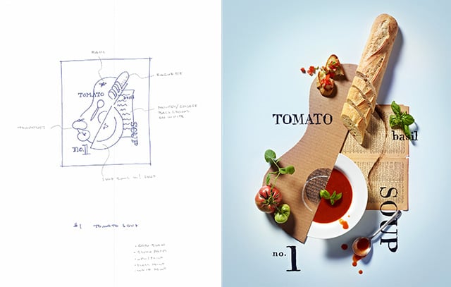 Concept drawings and final photo by Kyle Dreier of tomato soup