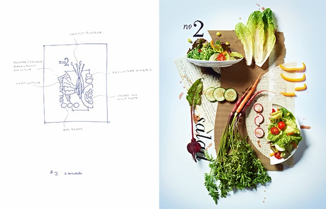 Concept drawings and final photo by Kyle Dreier of salad
