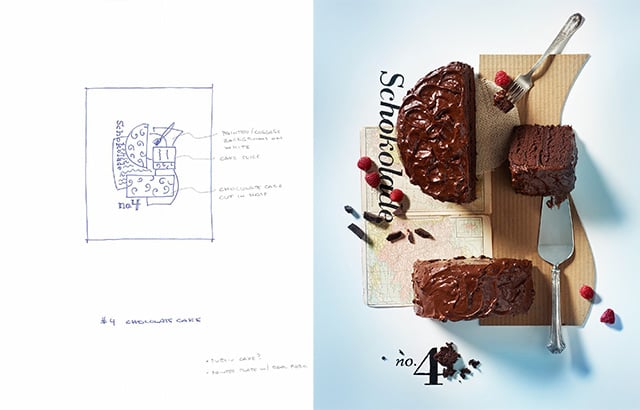 Concept drawings and final photo by Kyle Dreier of chocolate cake