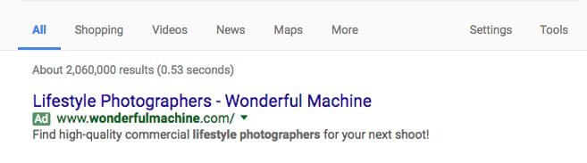 Screenshot of Wonderful Machine's Google search ad highlighting lifestyle photographers. 