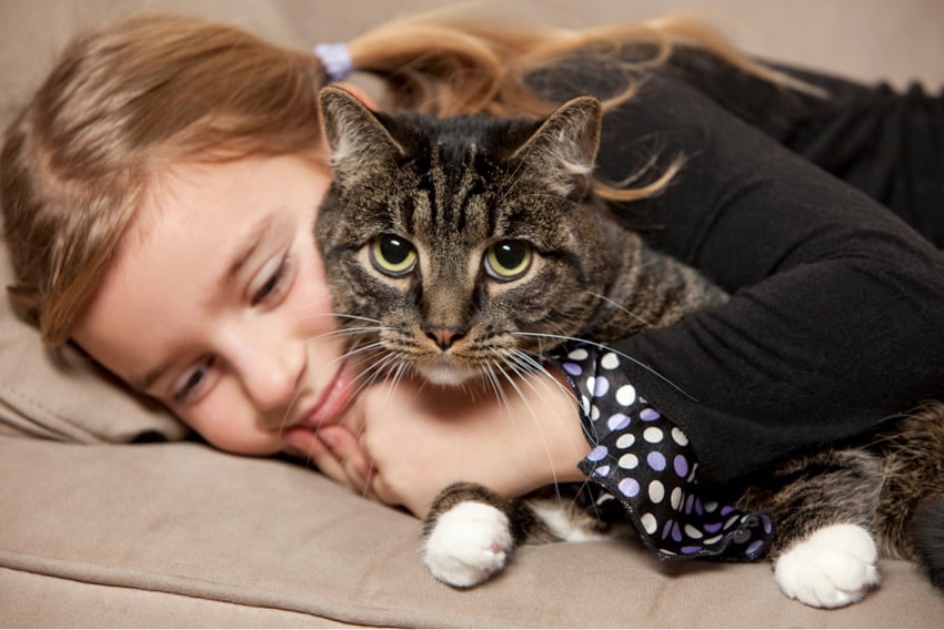 Young girl hugging a cat by Lisa Godfrey