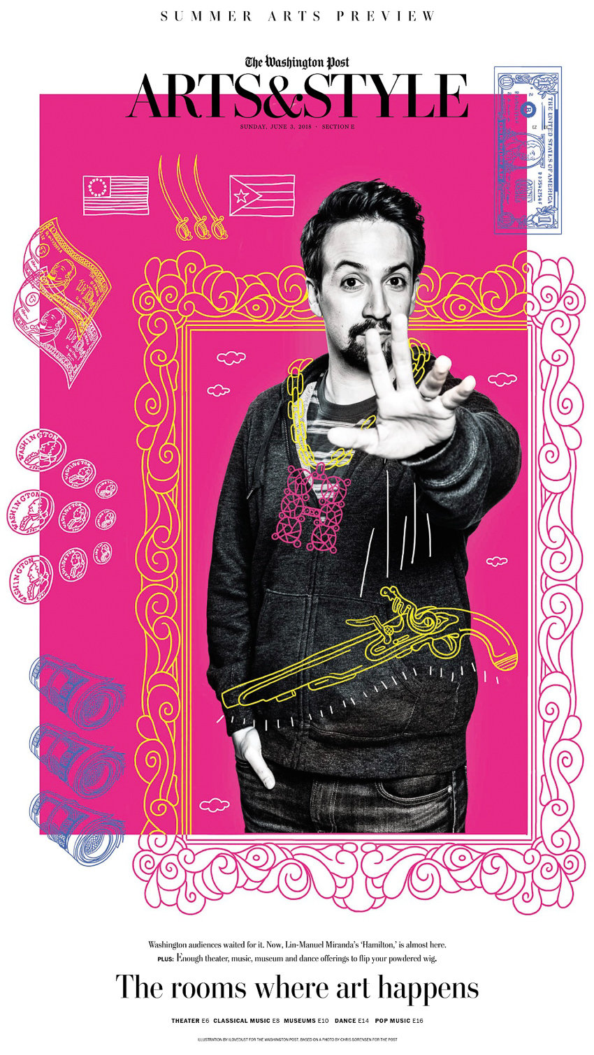 Lin Manuel Miranda on the cover of the Washington Post Summer Arts Preview photographed by Chris Sorensen
