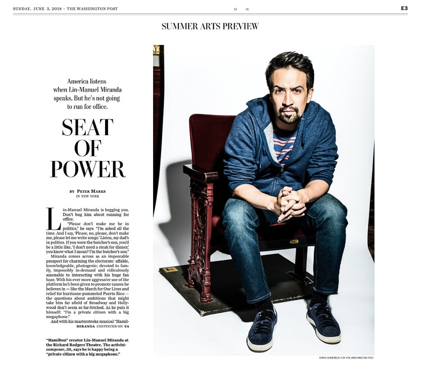 Lin Manuel Miranda article in the Washington Post Summer Arts Preview photographed by Chris Sorensen