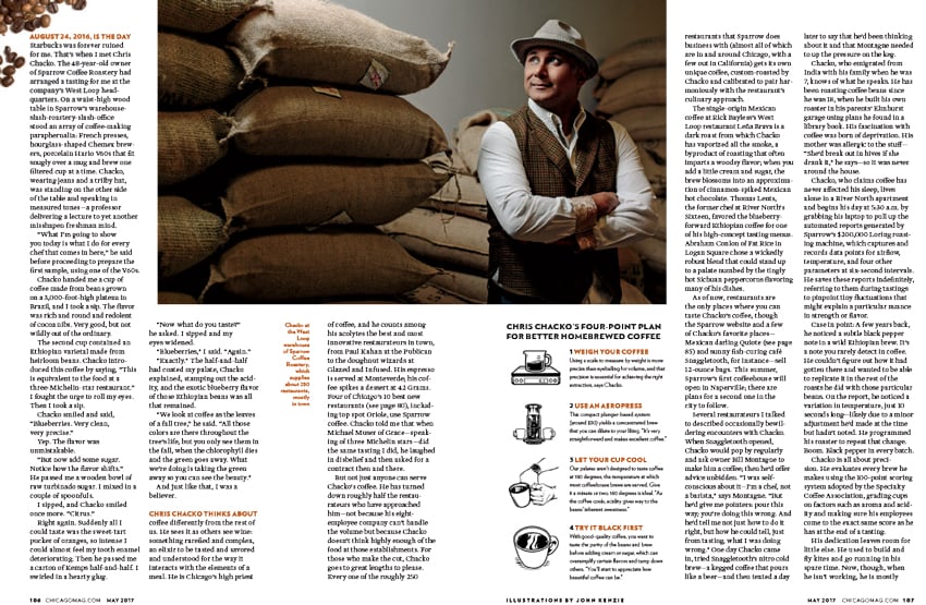 Tear sheet of Chris Chacko and bags of coffee beans shot by photographer Lucy Hewett.