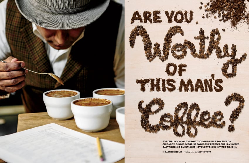 Tear sheet of Chris Chacko and cups of coffee shot by photographer Lucy Hewett.
