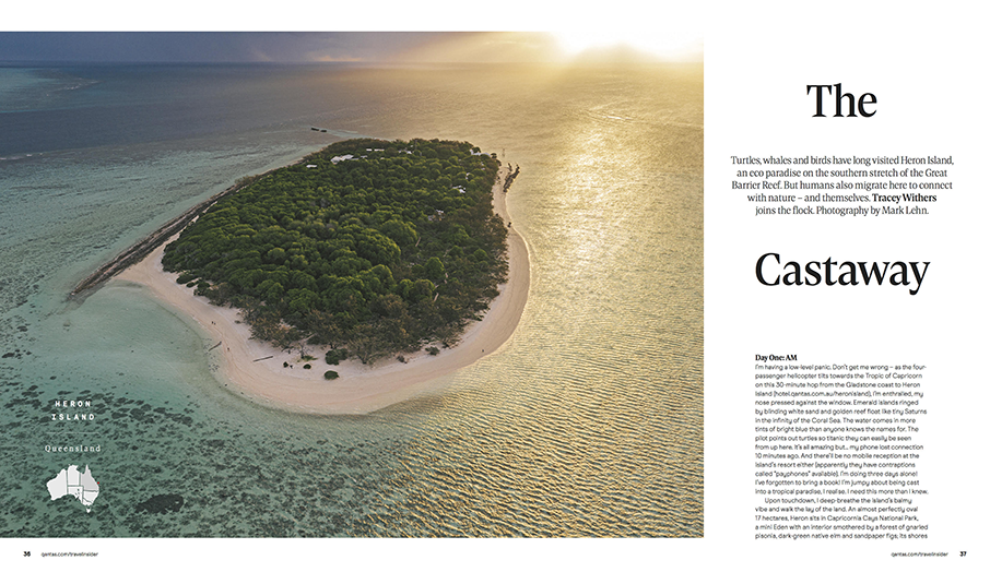 Mark Lehn's aerial shot of Heron Island, Queensland is shown in this tear for Travel Insider