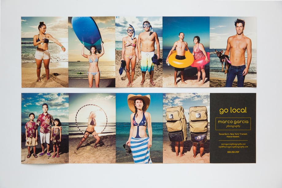 Marco's print promo showing portraits of beachgoers, paired with information about Marco's photography and website