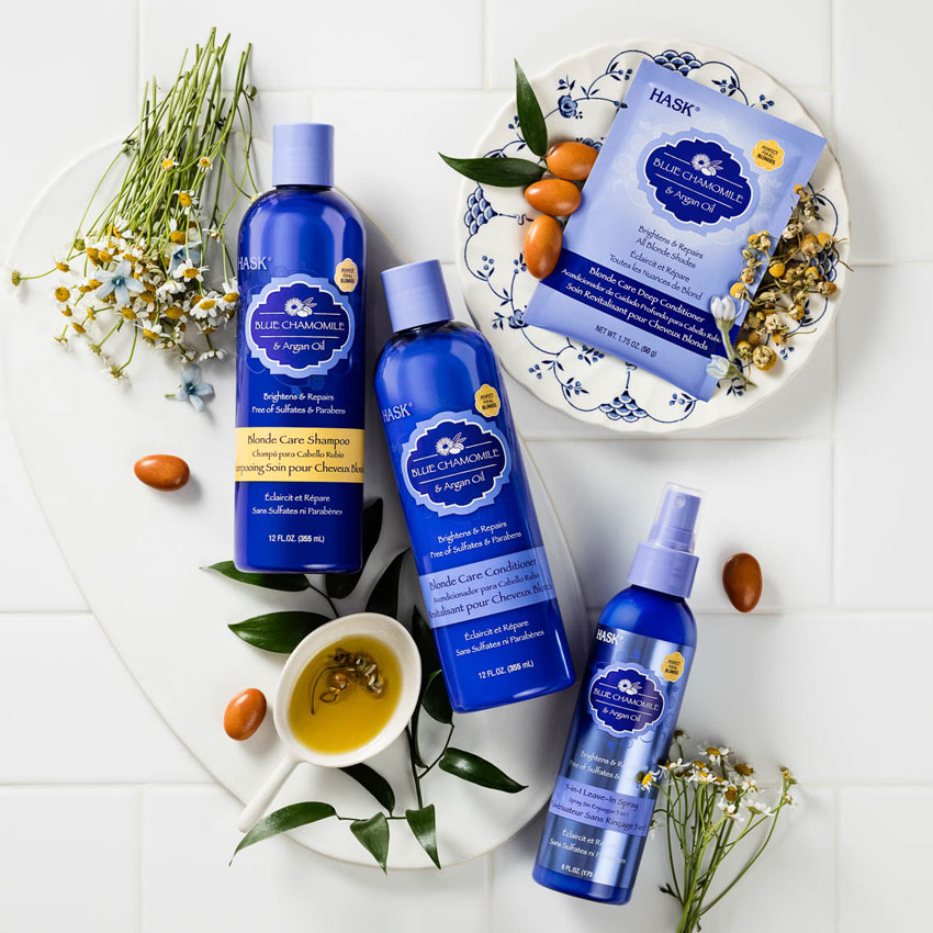 Hask Beauty blue chamomile products photographed by Mathew Zucker