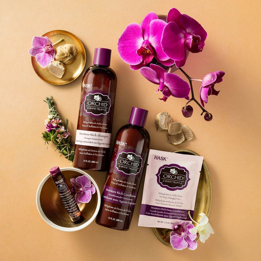 Hask Beauty orchid products photographed by Mathew Zucker