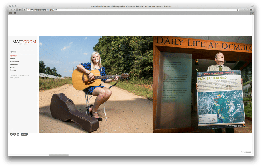 Matt Odom's Portraits gallery showing a musician in one image and a park ranger in another.