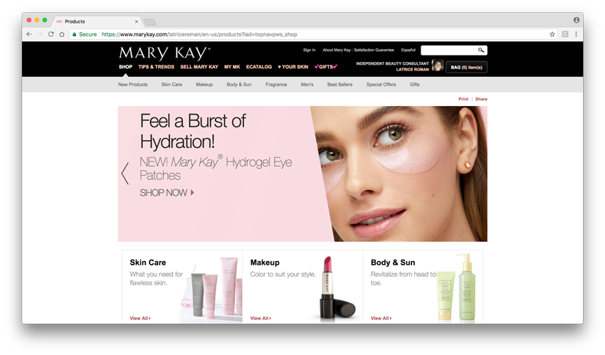 A screen shot of the Mary Kay website features Alicia Stepp's photo of Hydrogel Eye Patches