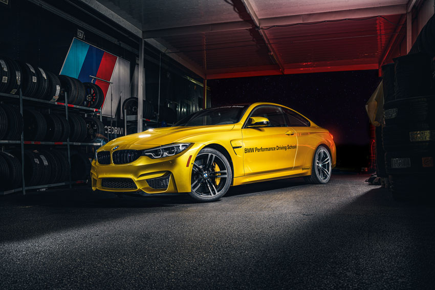 Mike D’Ambrosio's final result of the nighttime shoot shows a yellow BMW that looks dripping wet
