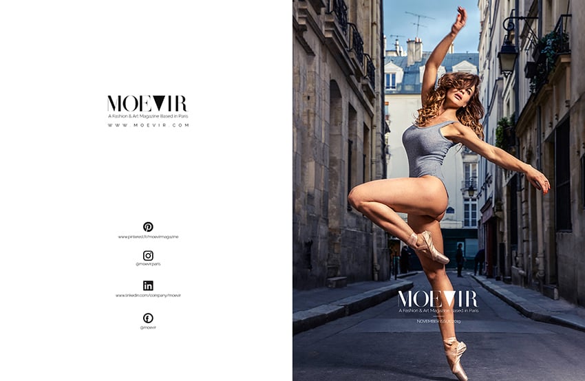 Michael Higgins' spread captures Audrey mid-pirouette in a Parisian alley for Moevir Magazine 