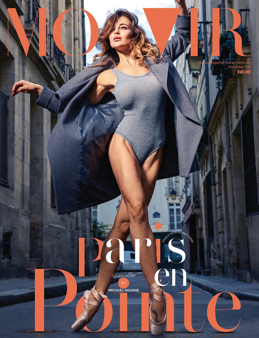 Michael Higgins' cover story for Moevir Magazine features model Audrey Hamm in a sports coat en pointe on a street in Paris
