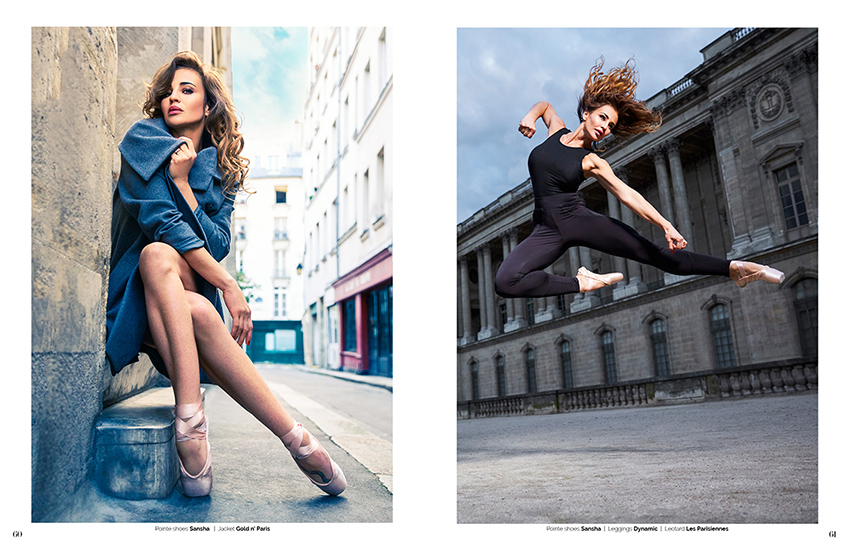 Michael Higgins work for Moevir shows a double page of Audrey (L) seated in a winter coat and (R) mid-air in a powerful jump