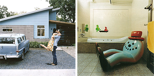 A photo of a hugging couple in their driveway by Misty Keasler for Dwell magazine alongside a photo of a snowman-shaped chair beside a bathtub in a luxurious bathroom from Misty Keasler's book on Japanese Love Hotels.