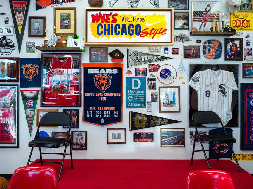 Mo Daoud captures the interior decor of the renovated diner for Nike, which includes Chicago sports memorabilia