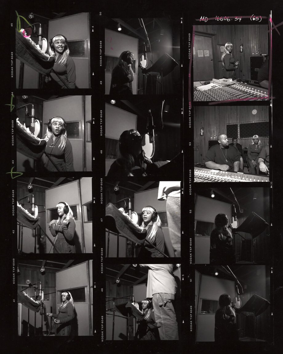 Contact sheet of images of Lil' Kim cutting tracks in the studio.