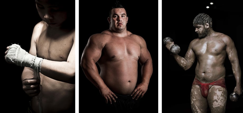 Another triptych of Victor Fraile's shots shows three men in various poses from different fighting arts