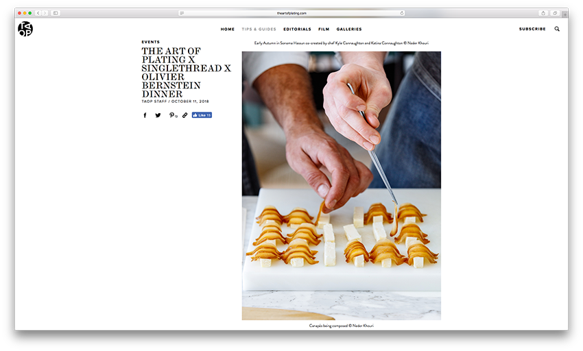 Screencap of The Art of Plating's website featuring a photo of food being meticulously prepared.